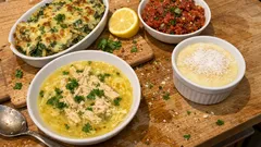 4 Çeşitlik Ev Menüsü: Ekşili Tavuk Çorbası, Fırın Makarna, Acılı Ezme, İrmik Tatlısı