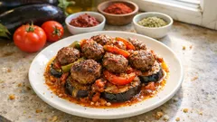 Tepside Köfteli Patlıcan Oturtma: salçalı sosuyla tam kıvamında fırın yemeği