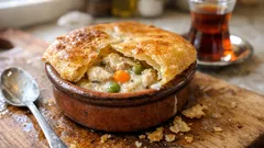 Milföy kapaklı kremalı tavuk güveç: fırında çıtır üst, yumuşacık iç