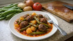 Tek tepside fırında köfteli taze fasulye: domatesli sosla lokanta tadı